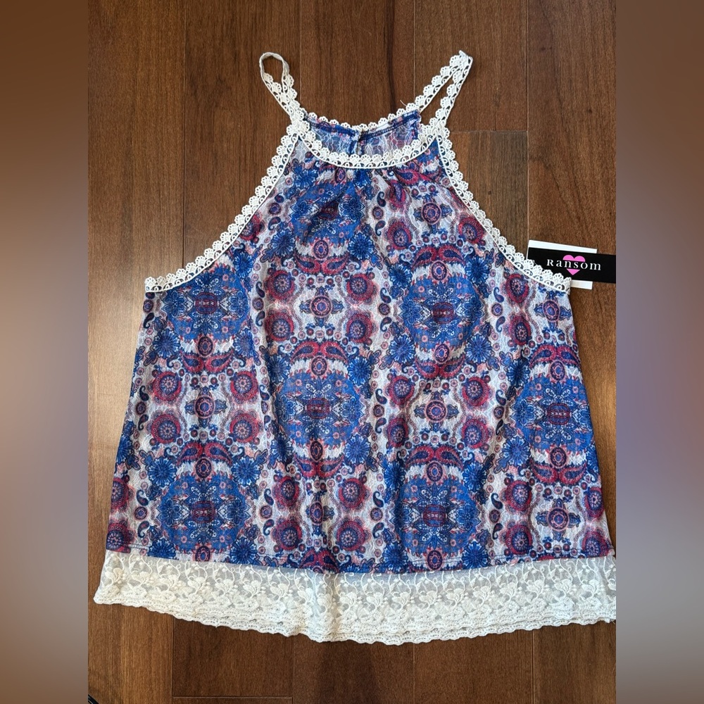 NWT RANSOM Women's Blue and White Lace Trim Top